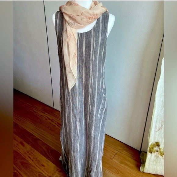 Garnet Hill—Linen Sleeveless Maxi Dress, Gray and Cream— 8 - Picture 2 of 7